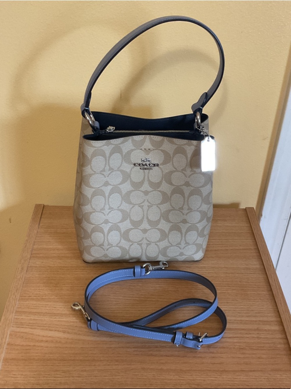 Coach Neutral Signature Canvas Hobo with Blue Strap